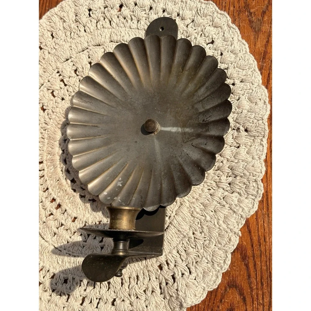Vintage Tin Round Reflector Crimped Wall Sconce Candle Holder Prim Folk Decor
